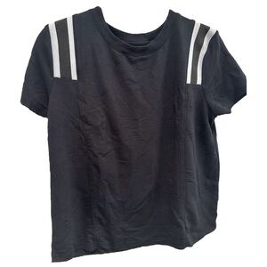 Juniors black short sleeve top with stripes on shoulders